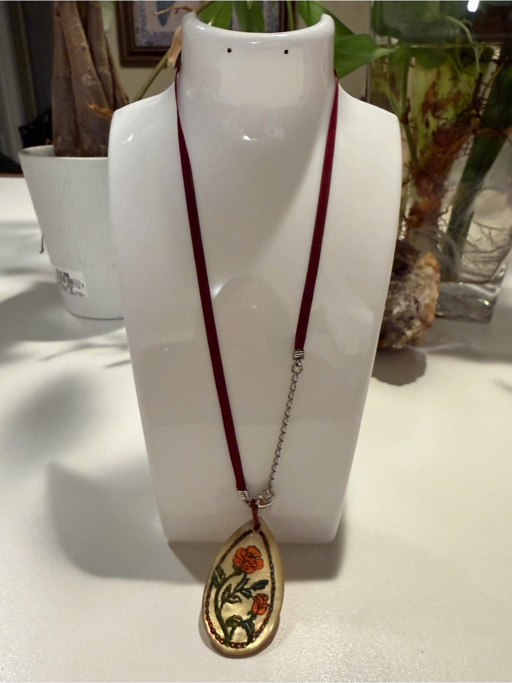 Hand-Painted Floral Teardrop Pendant Necklace - Burgundy Cord